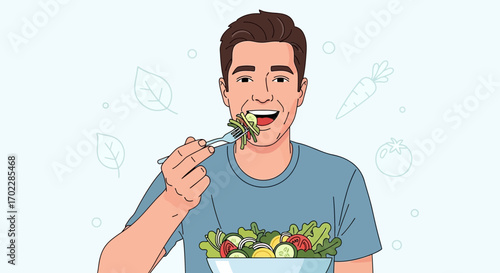 Happy man eating a healthy salad, illustration of fresh food concept on white background