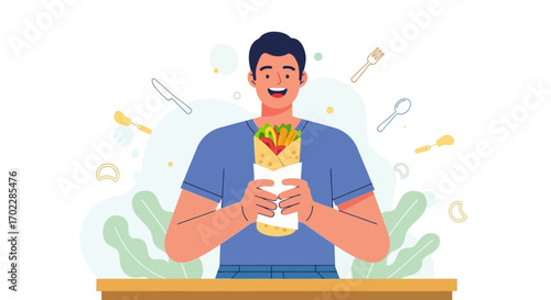 Happy man enjoying a delicious healthy shawarma wrap food vector illustration