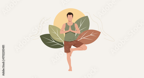 Illustration of a man practicing yoga with leaves in tree pose for wellness