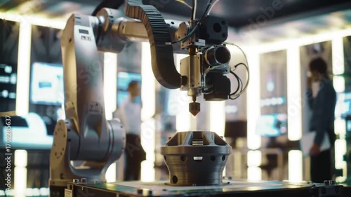 Robotic arm 3D printing complex mechanical parts in innovation lab