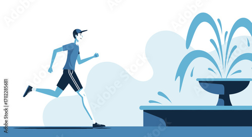 Illustration of a Man Running in a Park Near a Fountain on a Sunny Day