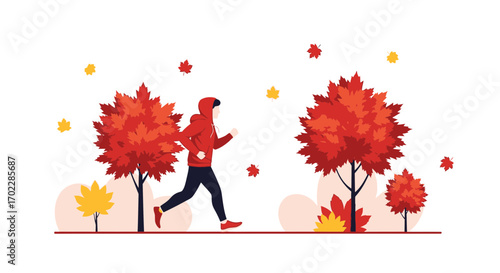 Illustration of a man running in an autumn park among trees with falling leaves