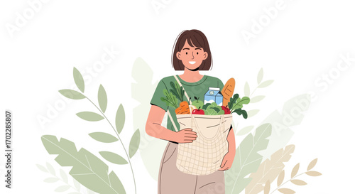Happy Woman Embracing Healthy Eating Habits And Holding Groceries From The Market