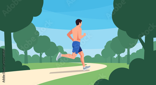 Illustration of a man running in park, promoting healthy lifestyle and exercise outdoors