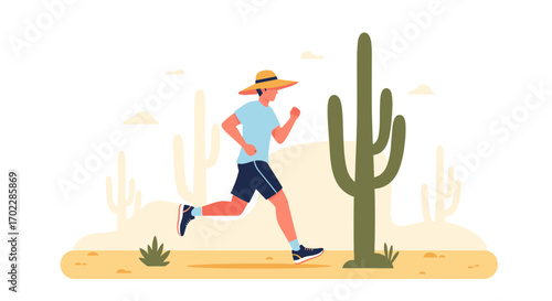 illustration of a man running in the desert next to a cactus under the sun