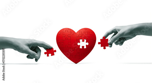 Two Hands Adding Pieces to Love Symbol, Emotional Concept, Minimalist Design, Studio Environment, Close-Up View