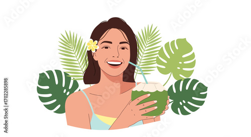 Happy woman holding a coconut drink, surrounded by tropical leaves, vacation concept