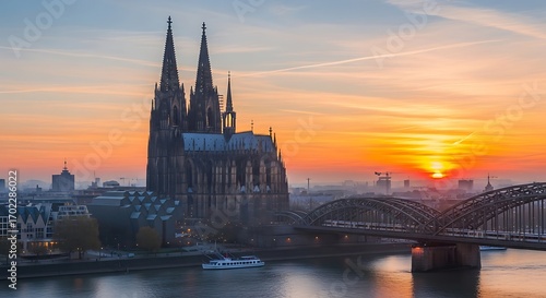 Dramatic sunrise over the Cologne Cathedral and Hohenzollern Bridge in Germany.