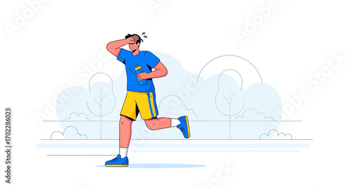 Illustration of a man running outdoors while holding a water bottle, taking a break
