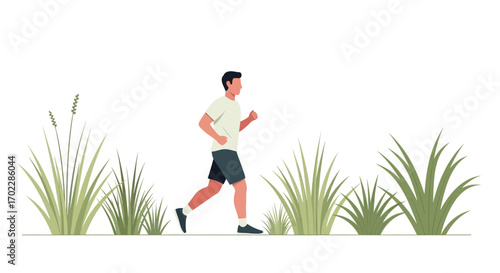 Illustration of a man running through a grassy area in vector style for fitness