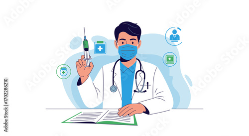 Healthcare Professional Holding Syringe, Vaccination, Medical Illustration Digital Design