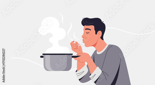 Illustration of a man smelling a pot of food cooking, with steam rising, in a minimalistic design