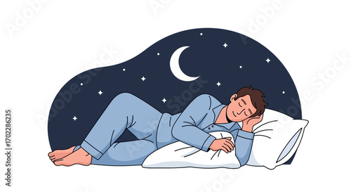 Illustration of a man sleeping peacefully under the stars and a crescent moon