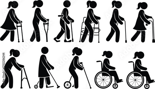 Diverse mobility aids stick figure collection for elderly and disabled assistance concepts