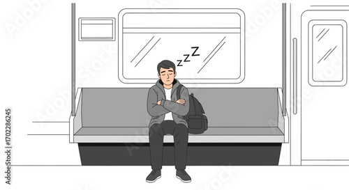 Illustration of a man sleeping on a train, a minimal design for commuting and rest