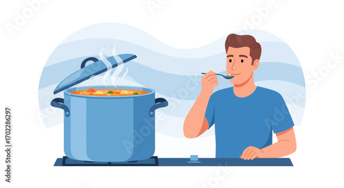 Illustration of a man tasting soup from a pot on the stove ready to eat