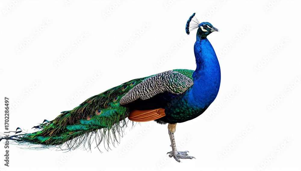 Fototapeta premium Peacock pheasant bird with iridescent spotted feathers colorful plumage exotic wild bird isolated on white background 