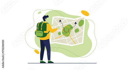 Illustration of a Man with a Backpack looking at a Map for Navigation and Journey