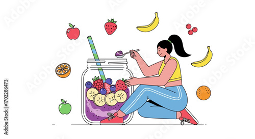 Healthy lifestyle illustration depicting a woman making a fruit smoothie to stay healthy