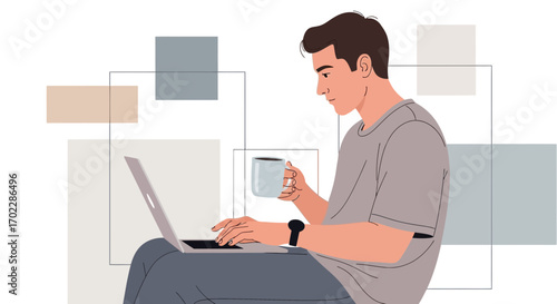 Illustration of a Man Working on a Laptop with a Mug of Coffee in His Hands For Business