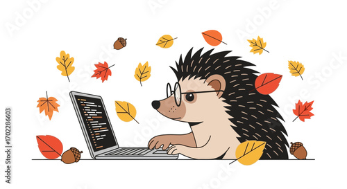 Hedgehog Coding Autumnal Scene: Creative Digital Work and Fall Season Illustration