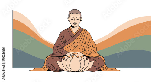 Illustration of a meditating monk sitting in lotus position with soft background