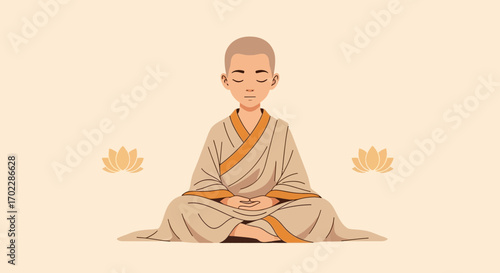 Illustration of a meditating monk with lotus flowers, depicting peace and mindfulness