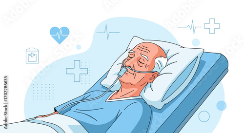 Hospitalized Elder Receives Healthcare, Illustrated Representation For Medical Concept