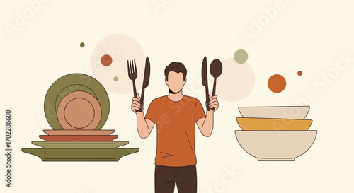 Human Figure Displays Cutlery With Stacks of Plates and Bowls in Minimalist Design