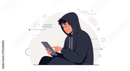 Human In Hoodie Utilizing Tablet For Information Retrieval With Conceptual Background