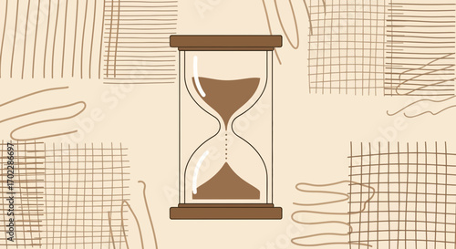 Hourglass illustration depicting time passing with brown sand on beige background