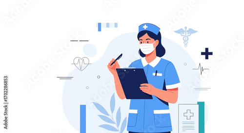 Illustration of a nurse in medical scrubs, healthcare professional, medical concept