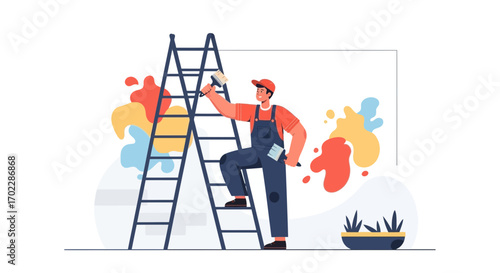 Illustration of a painter on a ladder painting a wall, creating colorful splashes