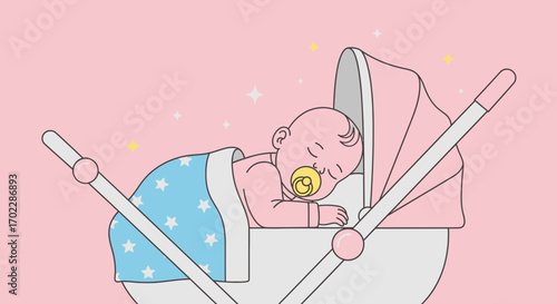 Illustration of a baby sleeping peacefully in a stroller, pastel pink background