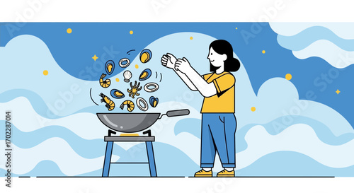 Illustration of a person cooking seafood in a wok over a blue background