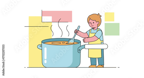 Illustration of a Person Cooking Soup in a Pot with a Spoon Inside, Kitchen Scene