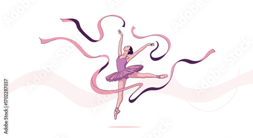 Illustration of a Ballet Dancer with flowing ribbons in a graceful dance pose