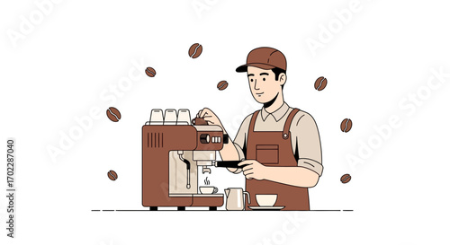 Illustration of a barista making coffee with an espresso machine in a coffee shop