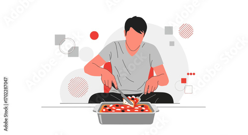 Illustration of a person cutting a slice of pizza, food preparation and cooking