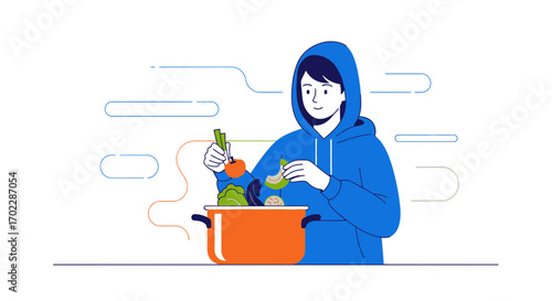 Illustration of a person cooking vegetables in a pot, dietary food concept vector graphic