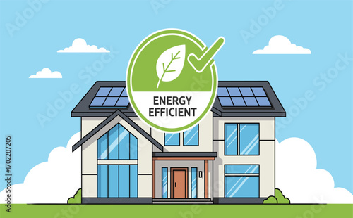 Modern House with Solar Panels and Energy Efficient Label Design