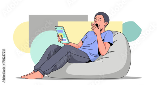 Illustration of a bored person yawning while using a digital tablet on a beanbag