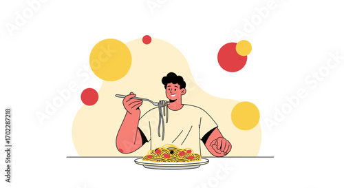 Illustration of a person eating spaghetti from a plate in a minimalist style
