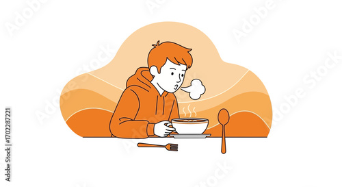 Illustration of a person eating hot soup blowing on food to cool it down