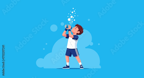Illustration of a boy drinking a beverage from a can vector style