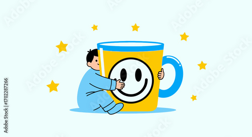 Illustration of a Person Embracing a Big Coffee Mug with a Smiling Face