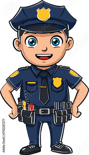 Happy cartoon police officer in navy blue uniform with badge, hat, utility belt, and confident pose, vector character design.