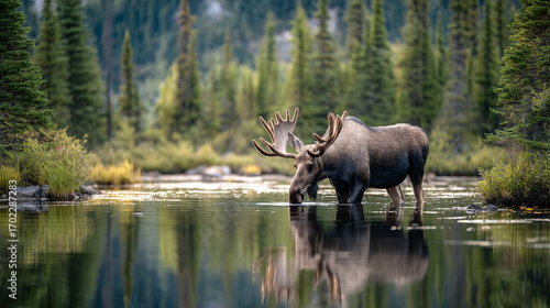 A moose with large antlers drinking water in a lake surrounded by a dense forest on a cloudy day