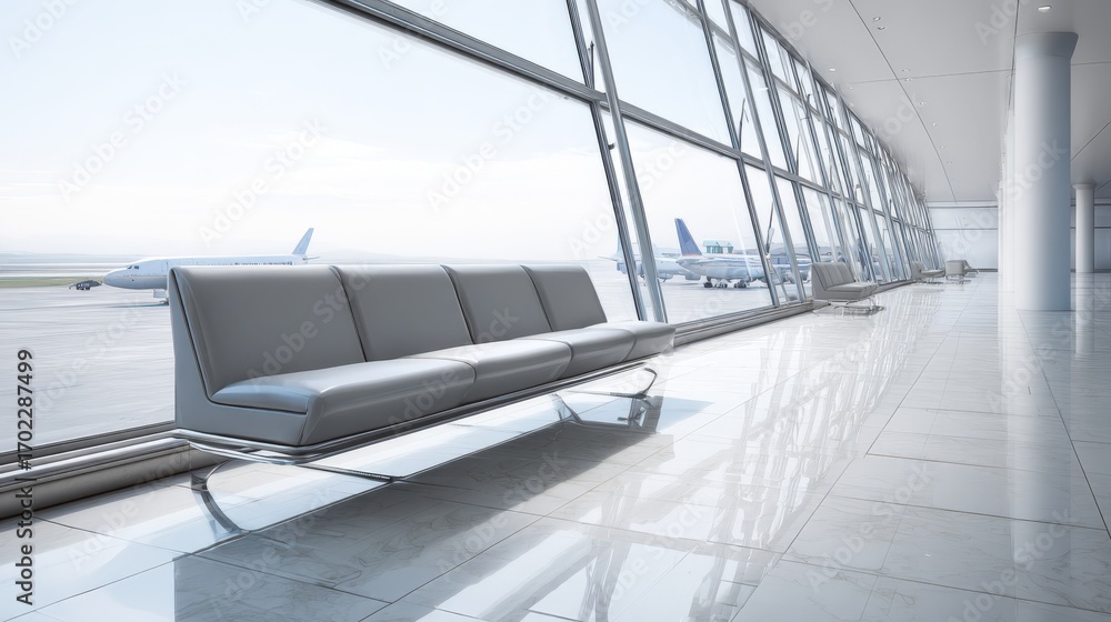 Fototapeta premium Modern Airport Waiting Area with Large Windows Overlooking Airplanes on the Tarmac