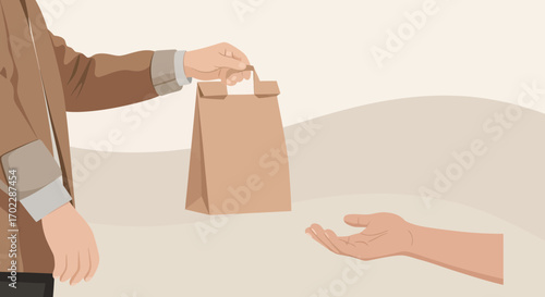 Illustration of a person handing a paper bag to another person's open hand